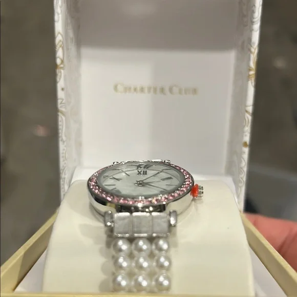 Charter Club Silver Watch with Pink and Pearl Accents - Picture 2 of 2